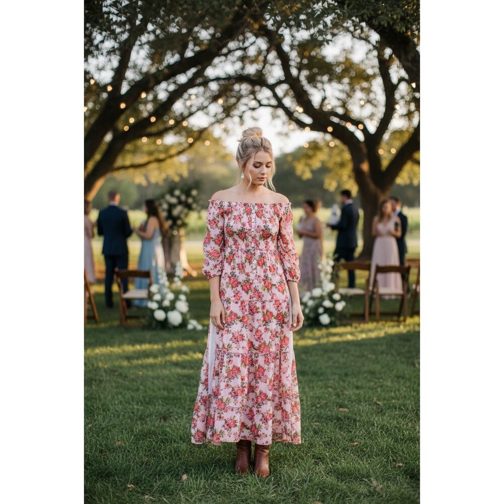 Figueroa & Flower Rose Floral Tiered Maxi Dress Smocked Waist Sheer XL NWT
